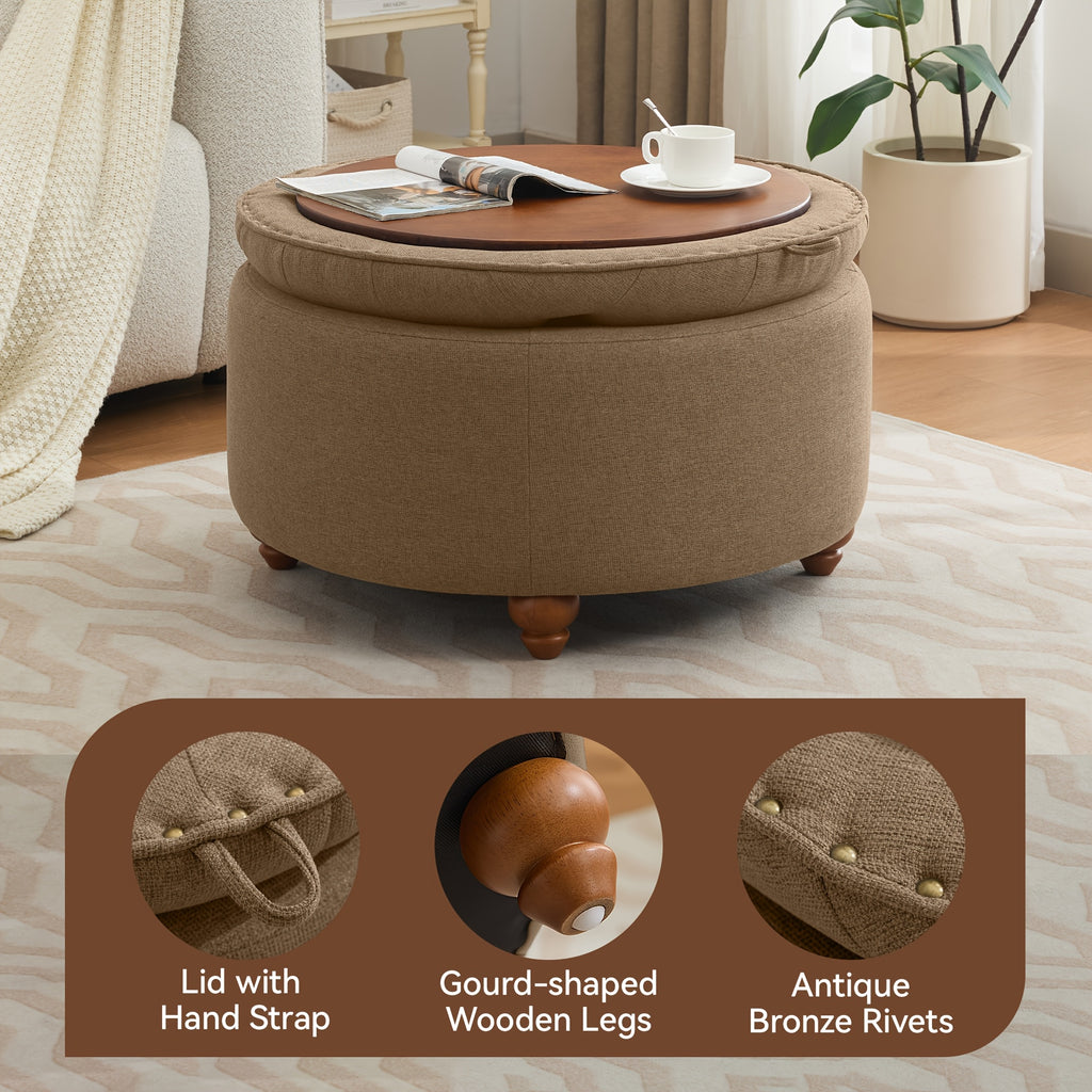 30-Inch Round Storage Ottoman Featuring a Tray, Modern Tufted Fabric Design, Serves As a Coffee Table with Storage, Upholstered with a Removable Top Suitable for Living Rooms And Bedrooms