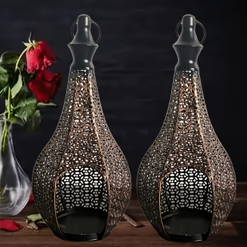 2pcs Bronze Moroccan Metal Candle Holders - Gourd-Shaped Vintage Cut-Out Carvings for Halloween, Ramadan, Christmas, Fireplace Mantel, Weddings & Home Decor, Artisanal Tabletop Accents (No Candles Included)