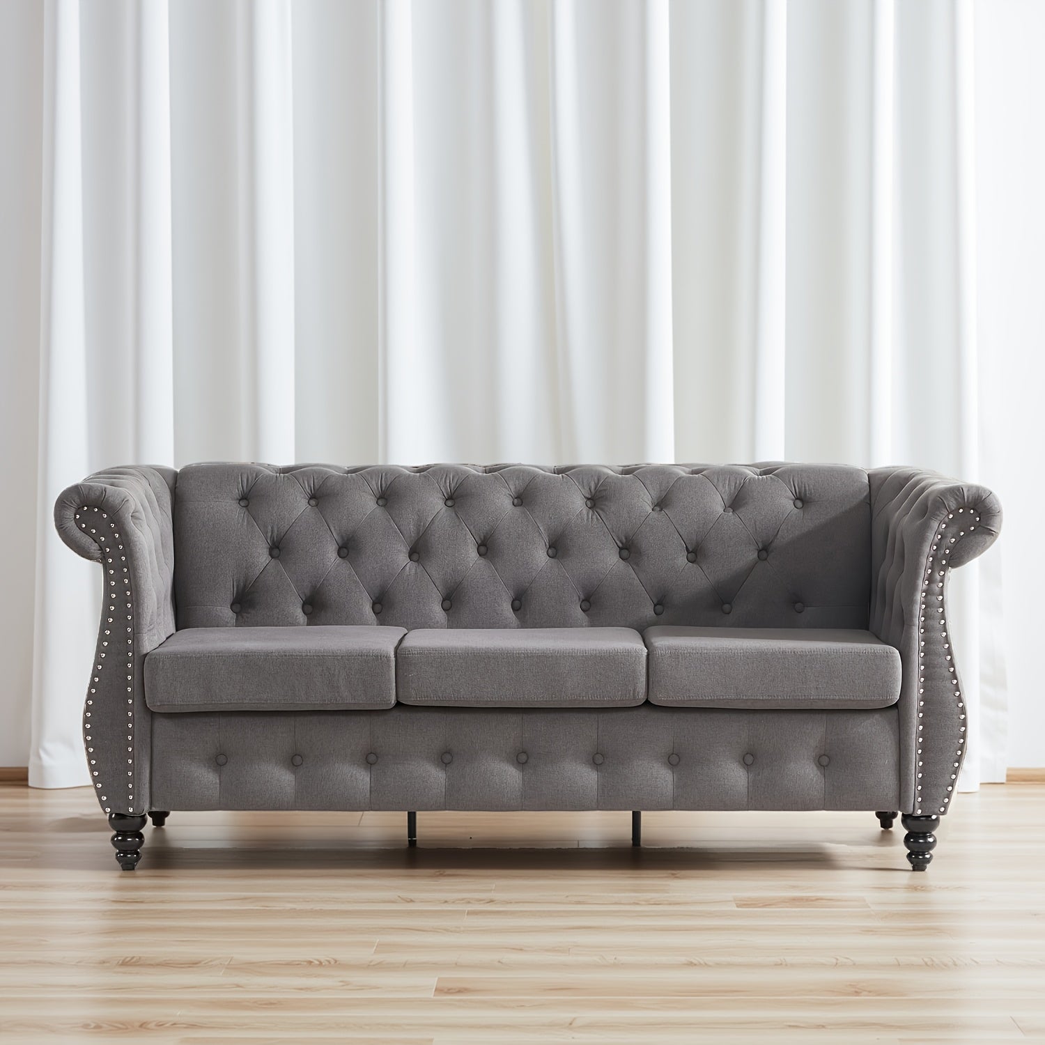 66'' Chesterfield Sofa - Upholstered Game Room Sofa with Tufted Back, Vintage Wood Legs And Nailhead Trim, Gray Recliner for Game And Recreation Room Furniture