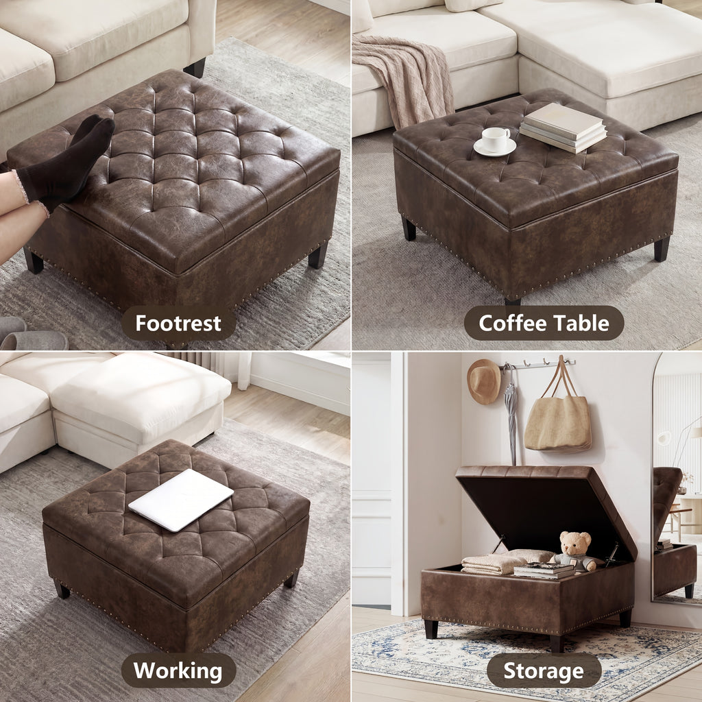 Storage Square Ottoman with Faux Leather Upholstery Bench with Rivet Footrest Coffee Table with Wood Legs for Living Room Bedroom and Entryway