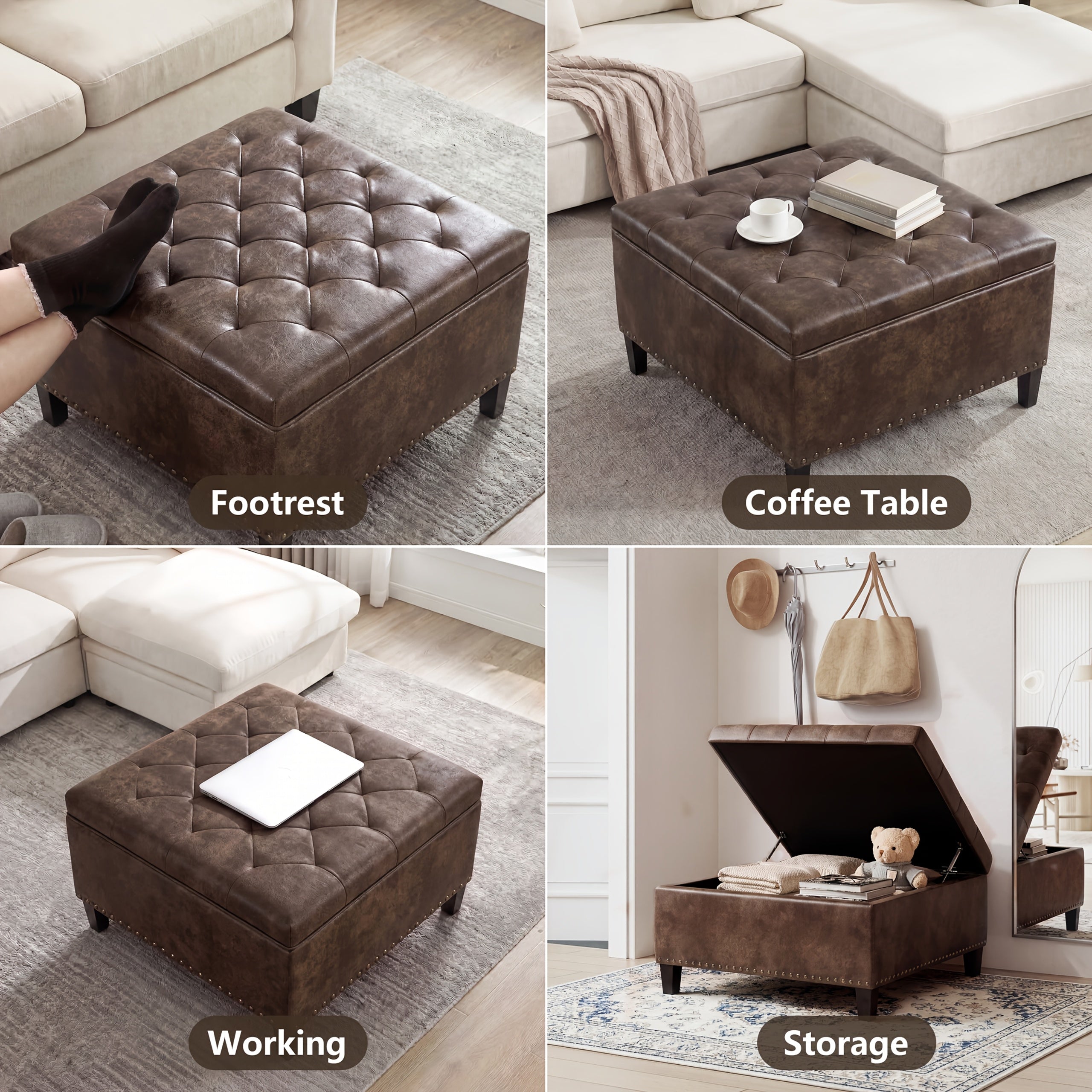 Storage Square Ottoman with Faux Leather Upholstery Bench with Rivet Footrest Coffee Table with Wood Legs for Living Room Bedroom and Entryway