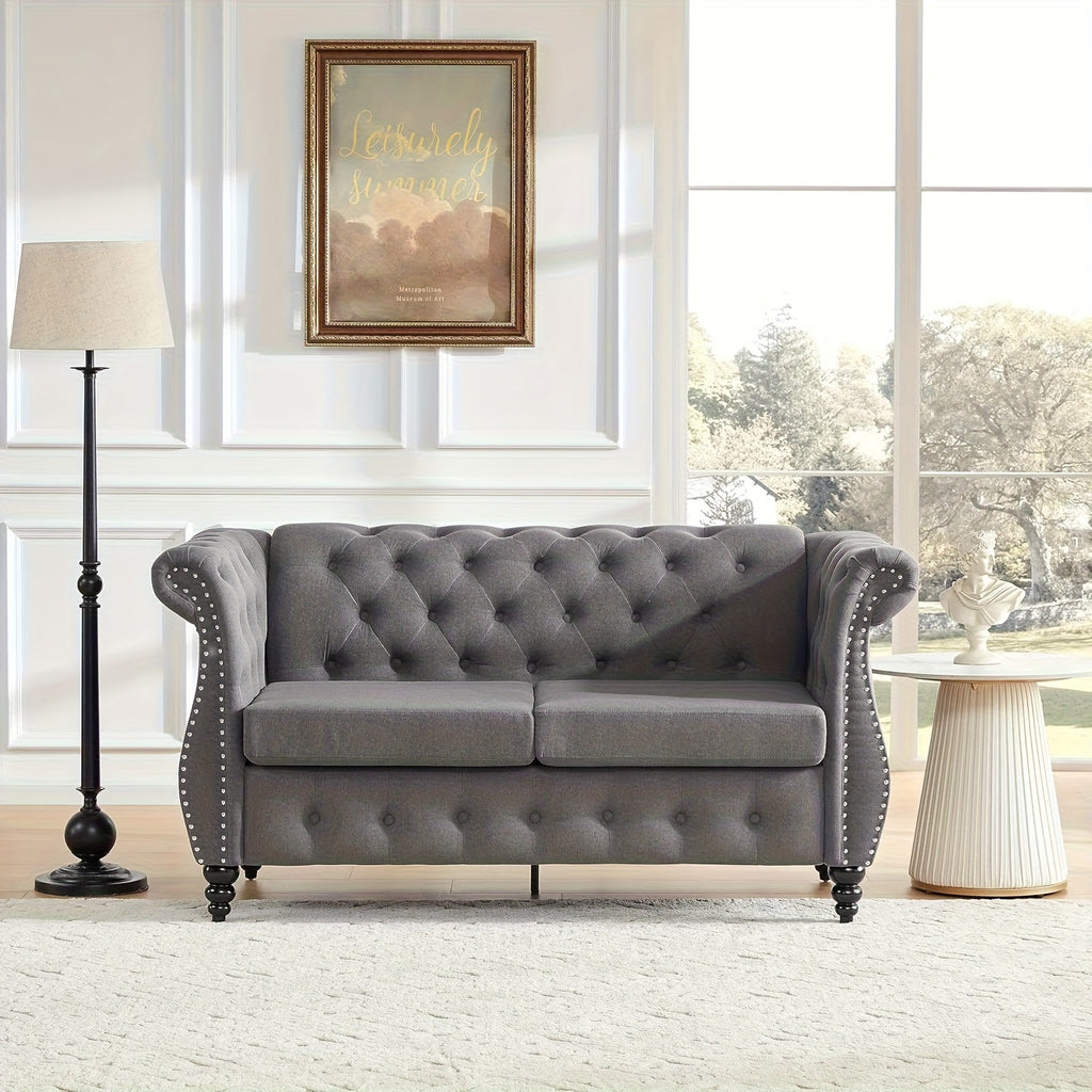 66'' Chesterfield Sofa - Upholstered Game Room Sofa with Tufted Back, Vintage Wood Legs And Nailhead Trim, Gray Recliner for Game And Recreation Room Furniture