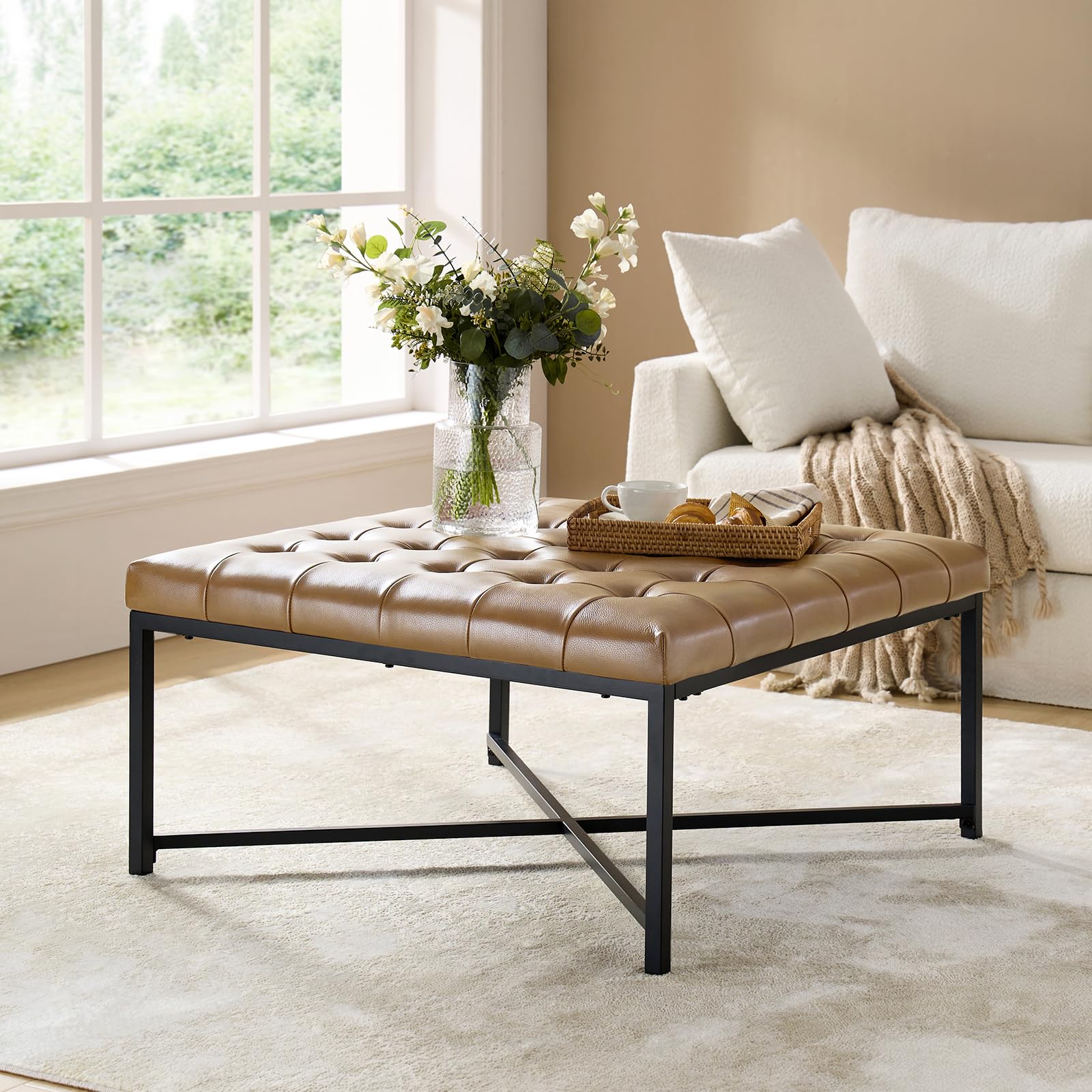 Upholstered Coffee Table with Leather Padded Seat, Button Large Square Ottoman with Black Metal Frame, Genuine Leather