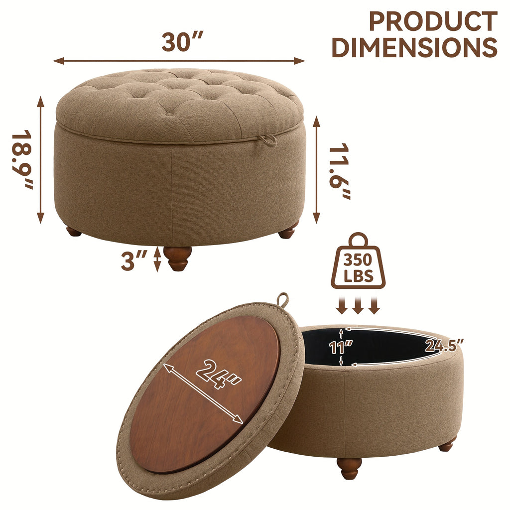 30-Inch Round Storage Ottoman Featuring a Tray, Modern Tufted Fabric Design, Serves As a Coffee Table with Storage, Upholstered with a Removable Top Suitable for Living Rooms And Bedrooms