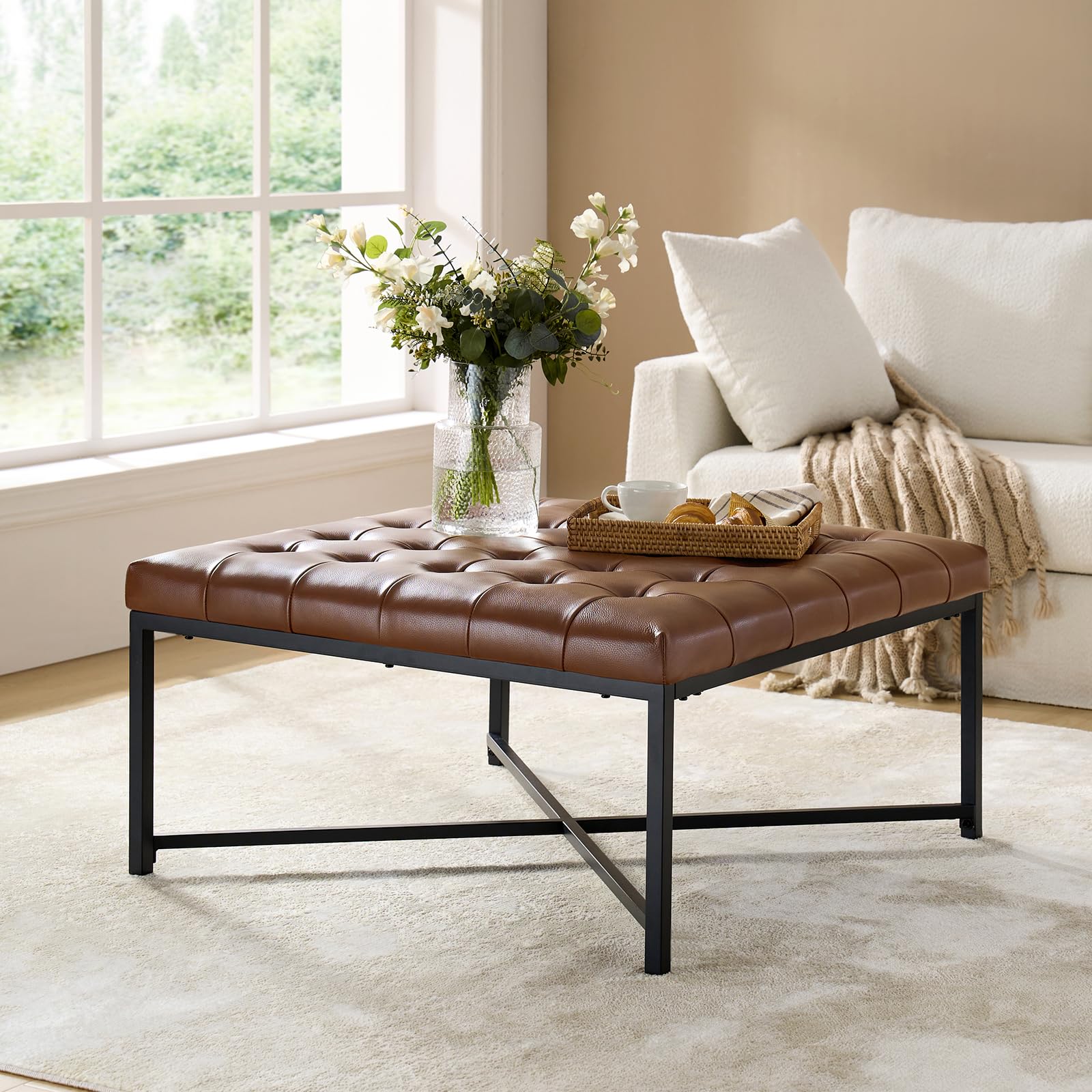 Upholstered Coffee Table with Leather Padded Seat, Button Large Square Ottoman with Black Metal Frame, Genuine Leather