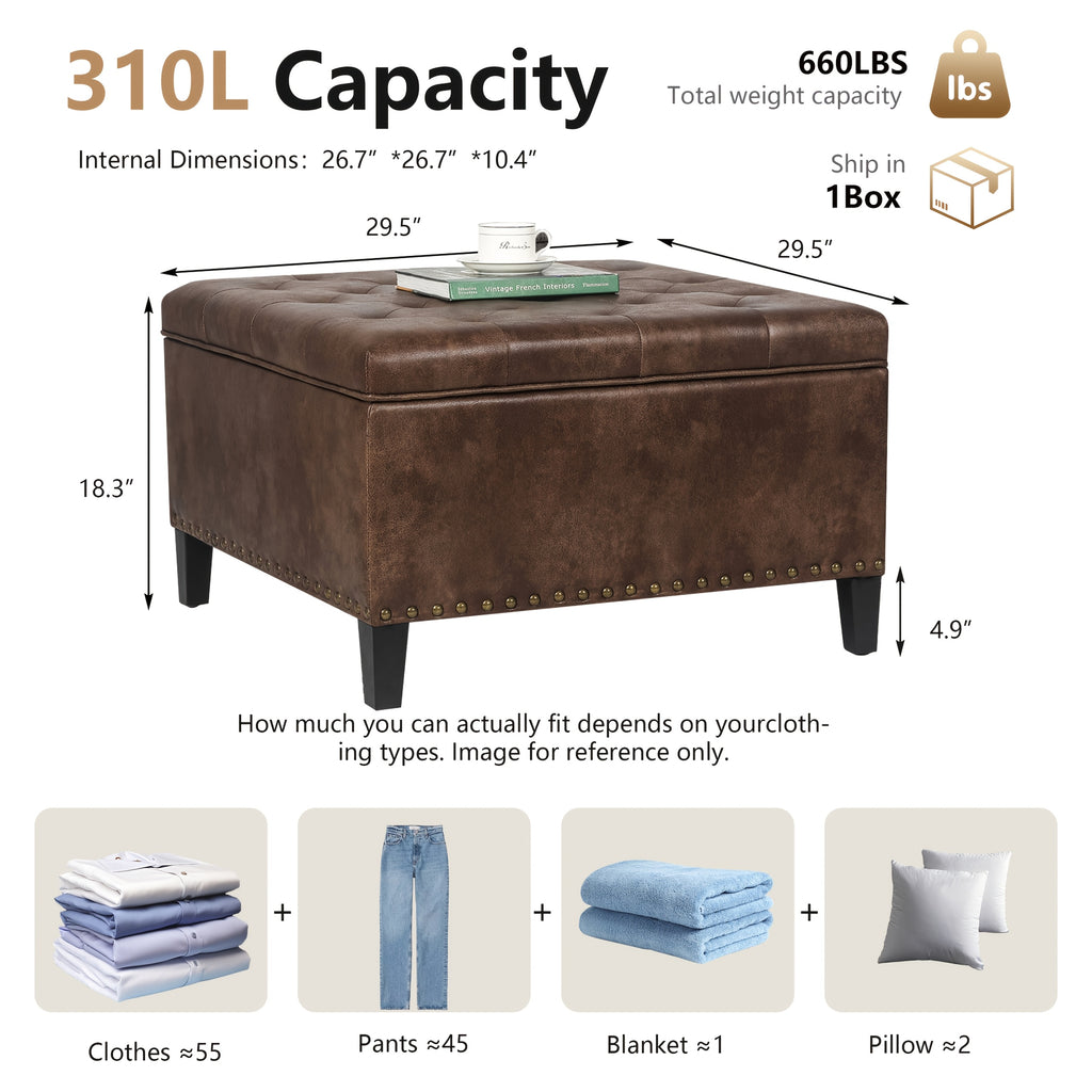 Storage Square Ottoman with Faux Leather Upholstery Bench with Rivet Footrest Coffee Table with Wood Legs for Living Room Bedroom and Entryway