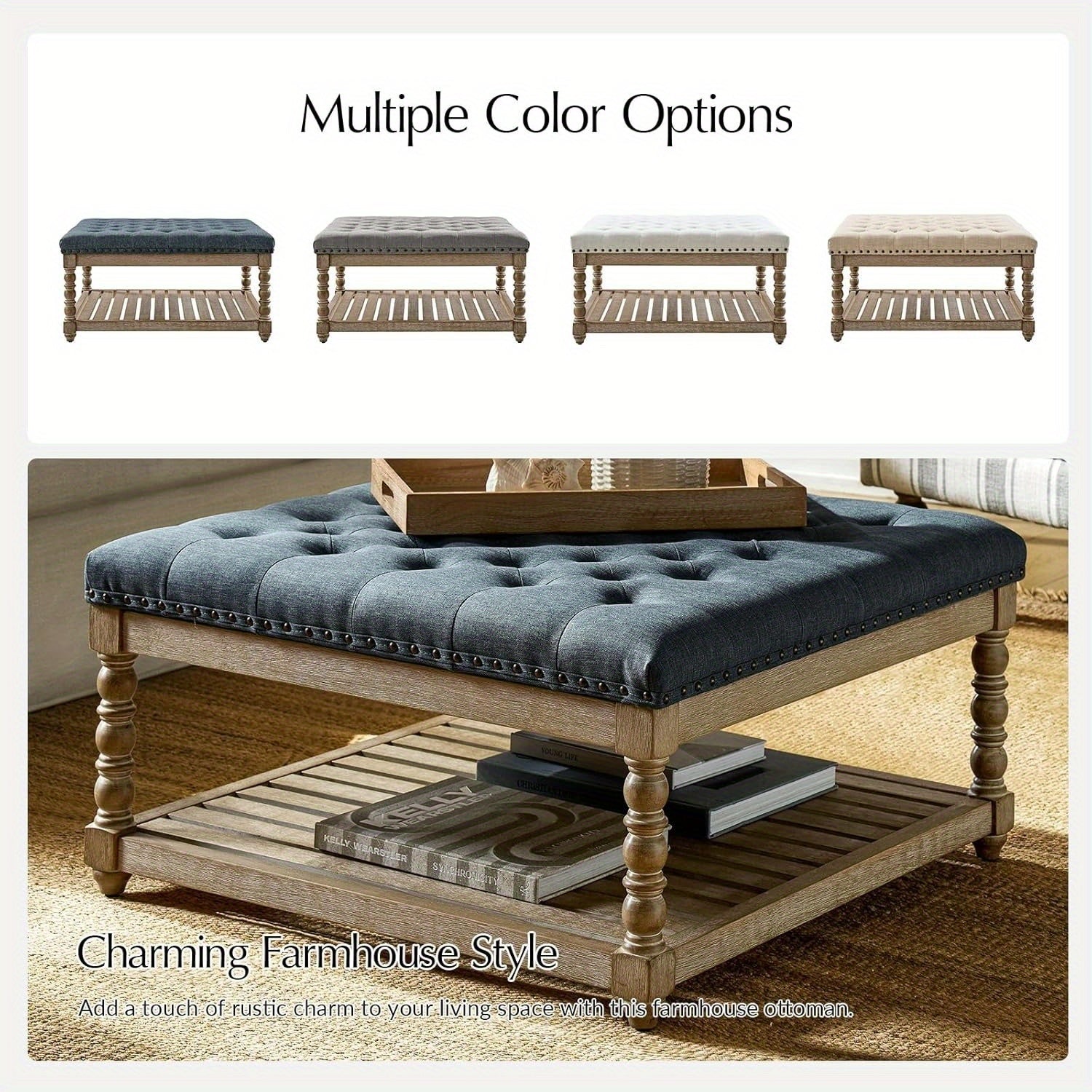 Rectangular Upholstered Coffee Table Ottoman Featuring Spindle Wooden Legs, Tufted Design, And a Solid Wood Storage Shelf for The Living Room