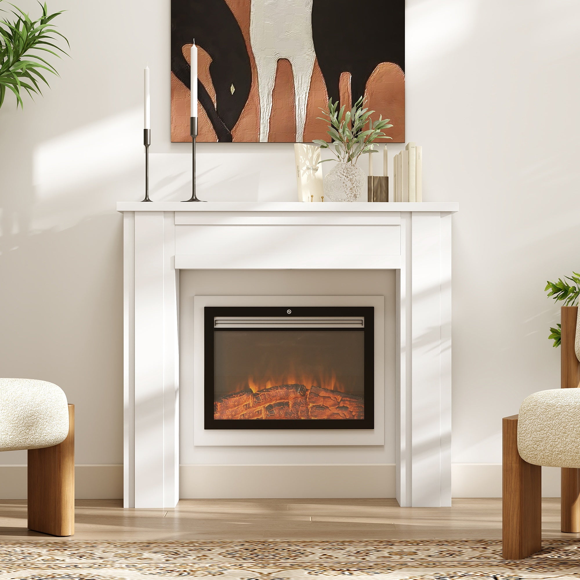 Modern White Fireplace Mantel Shelf with Surround Frame & Legs - Solid Mantel Suitable for Fireplaces, Inserts, Stoves, Inserts - Contemporary Minimalist for,, Centerpiece for Firewood Display and Decorative Use