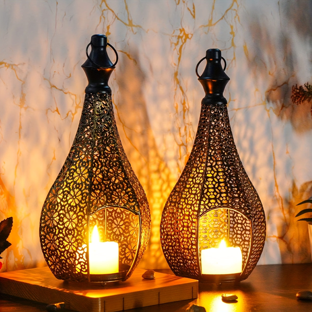 2pcs Bronze Moroccan Metal Candle Holders - Gourd-Shaped Vintage Cut-Out Carvings for Halloween, Ramadan, Christmas, Fireplace Mantel, Weddings & Home Decor, Artisanal Tabletop Accents (No Candles Included)
