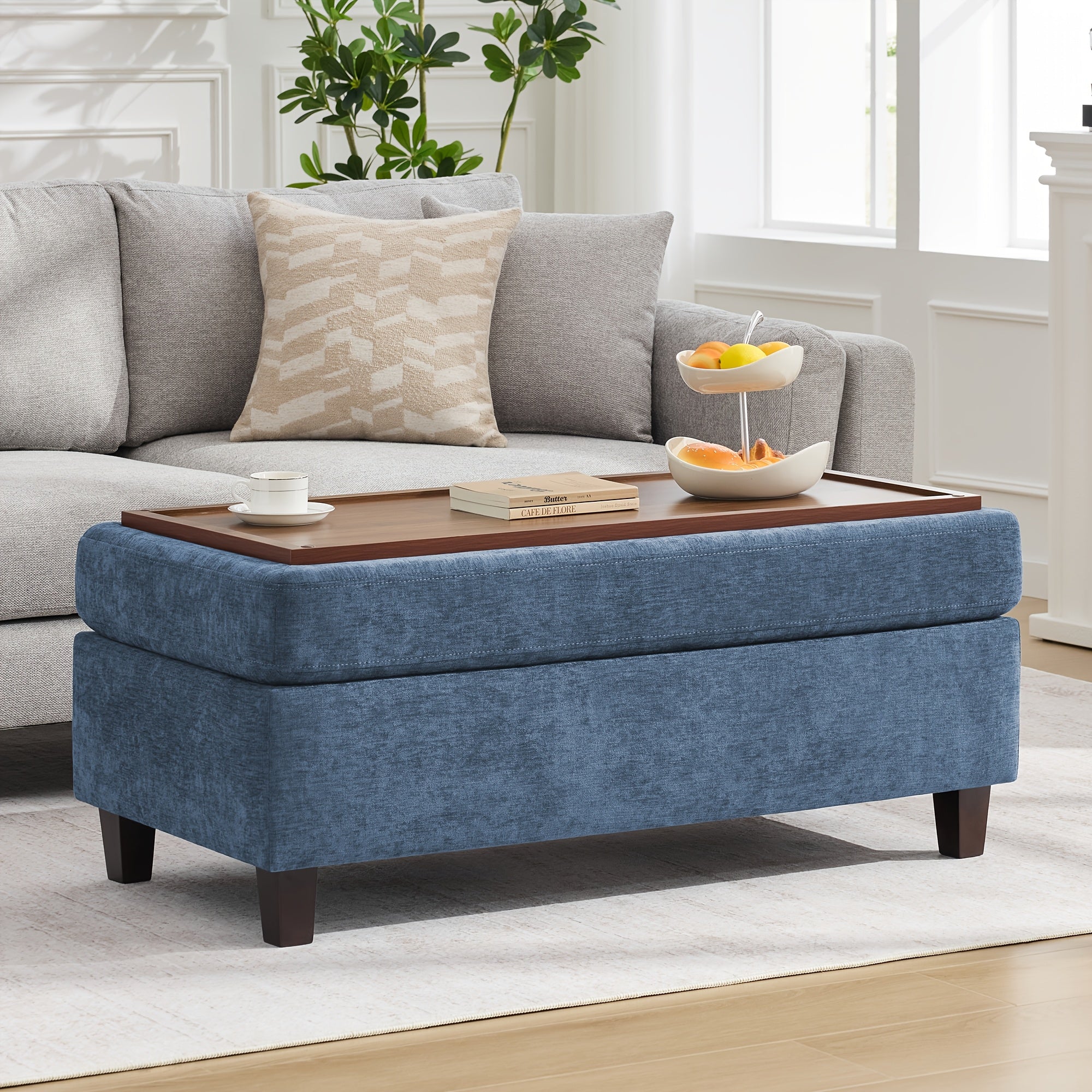 45 Inch Large Multifunctional Storage Ottoman Bench with Coffee Table Top & Chenille Upholstery - Solid Legs, Suitable for Living Room, Bedroom, Entryway Furniture - Footrest, Stool, Bench with Hidden Storage Compartment