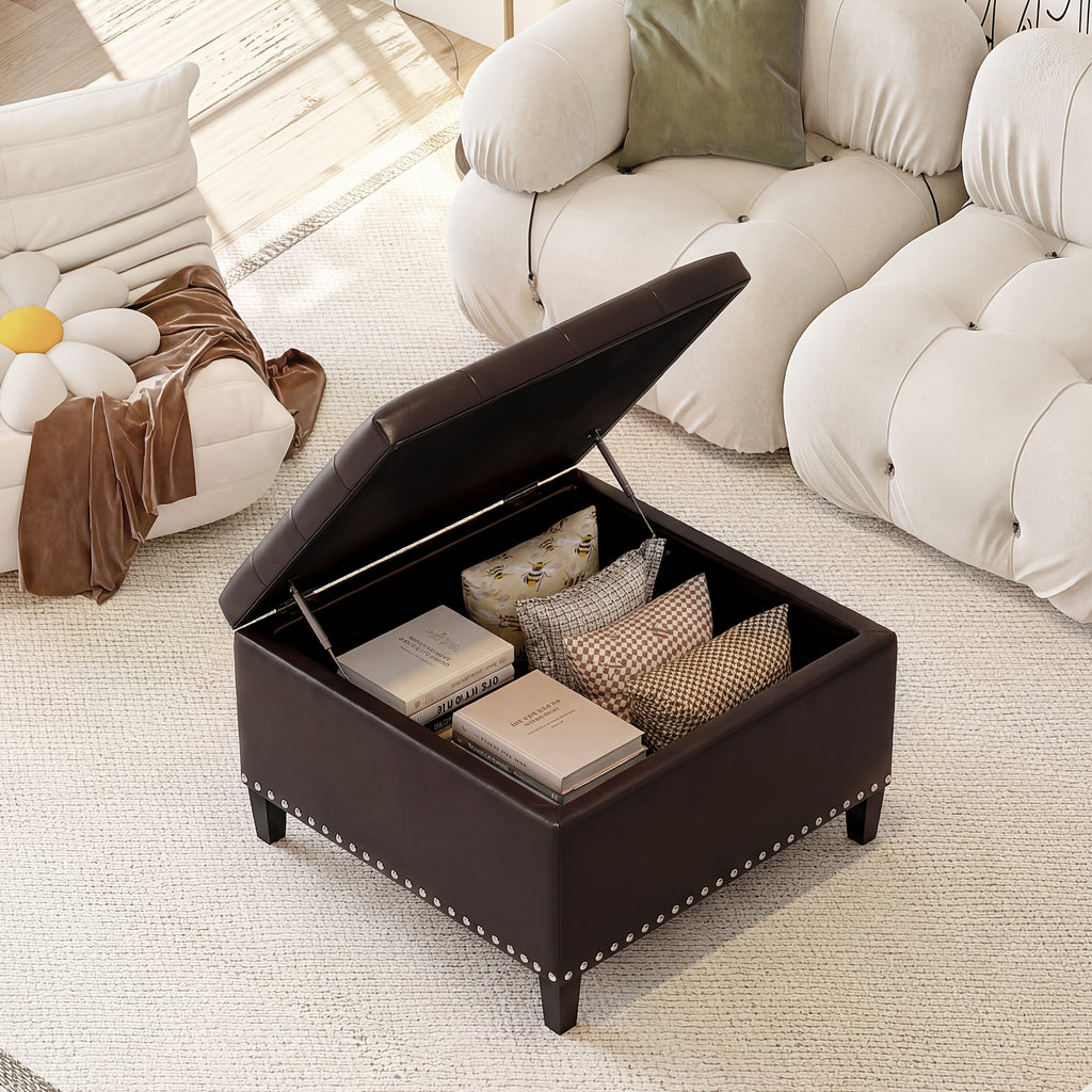 Storage Square Ottoman with Faux Leather Upholstery Bench with Rivet Footrest Coffee Table with Wood Legs for Living Room Bedroom and Entryway