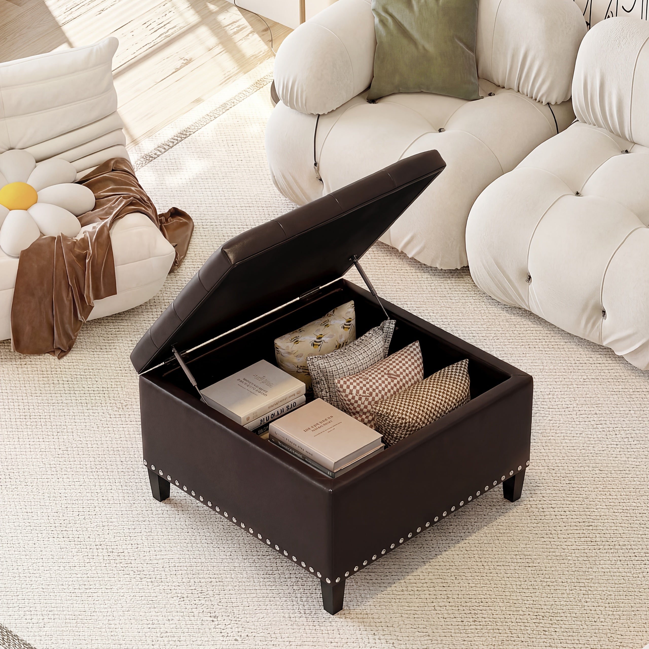 Storage Square Ottoman with Faux Leather Upholstery Bench with Rivet Footrest Coffee Table with Wood Legs for Living Room Bedroom and Entryway