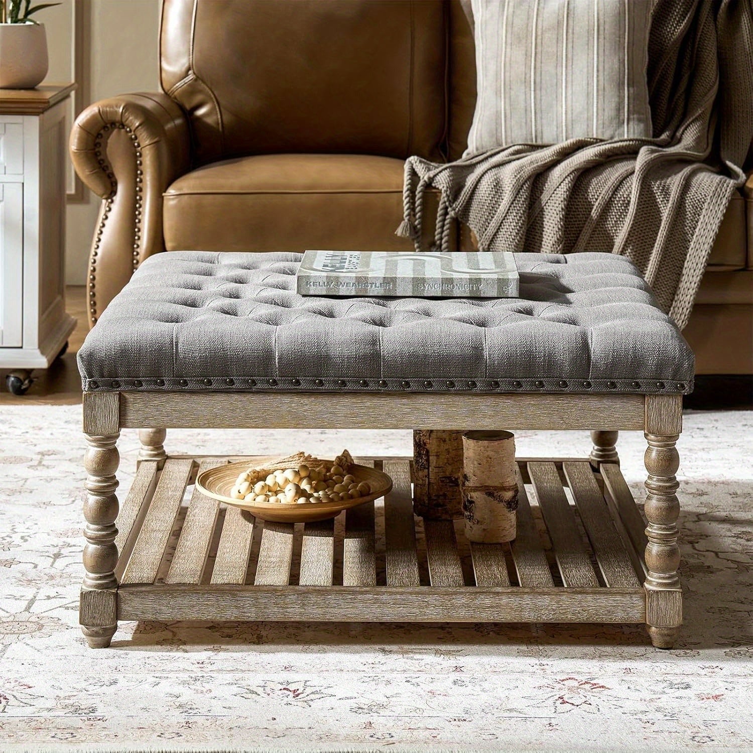 Rectangular Upholstered Coffee Table Ottoman Featuring Spindle Wooden Legs, Tufted Design, And a Solid Wood Storage Shelf for The Living Room