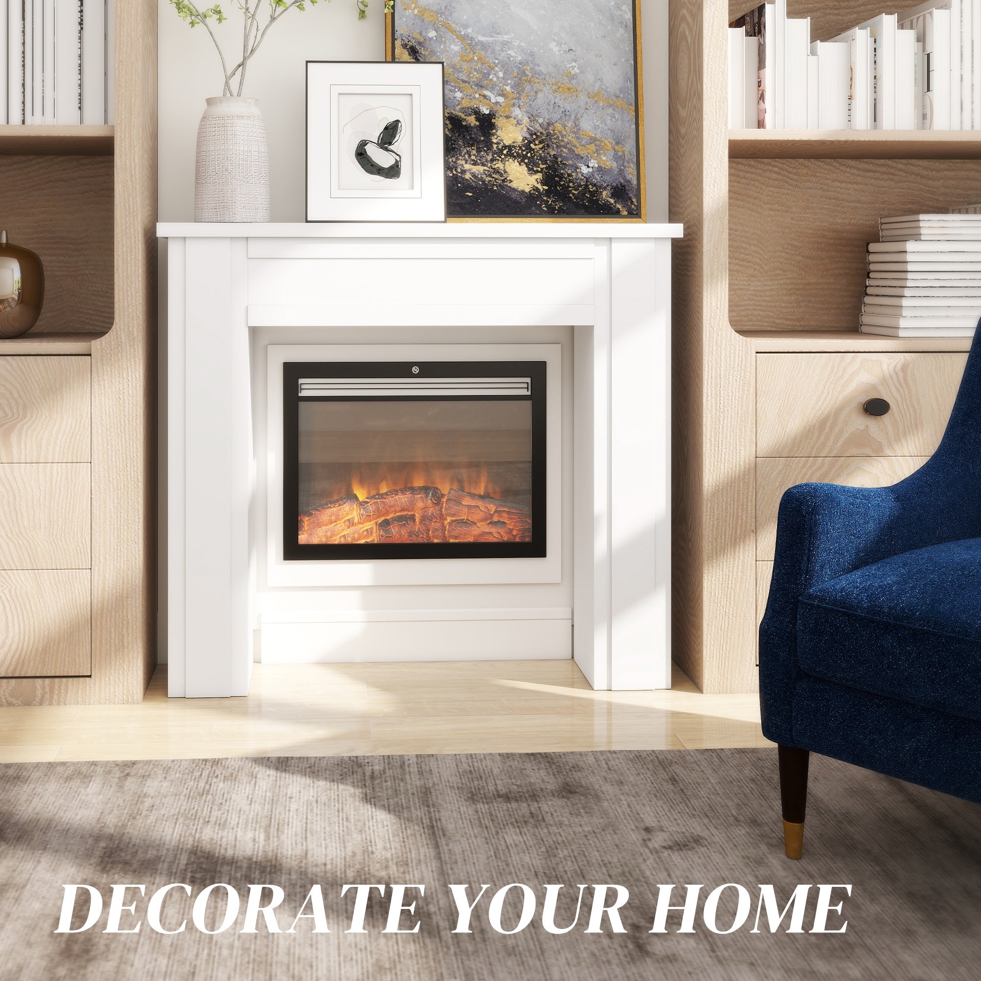 Modern White Fireplace Mantel Shelf with Surround Frame & Legs - Solid Mantel Suitable for Fireplaces, Inserts, Stoves, Inserts - Contemporary Minimalist for,, Centerpiece for Firewood Display and Decorative Use