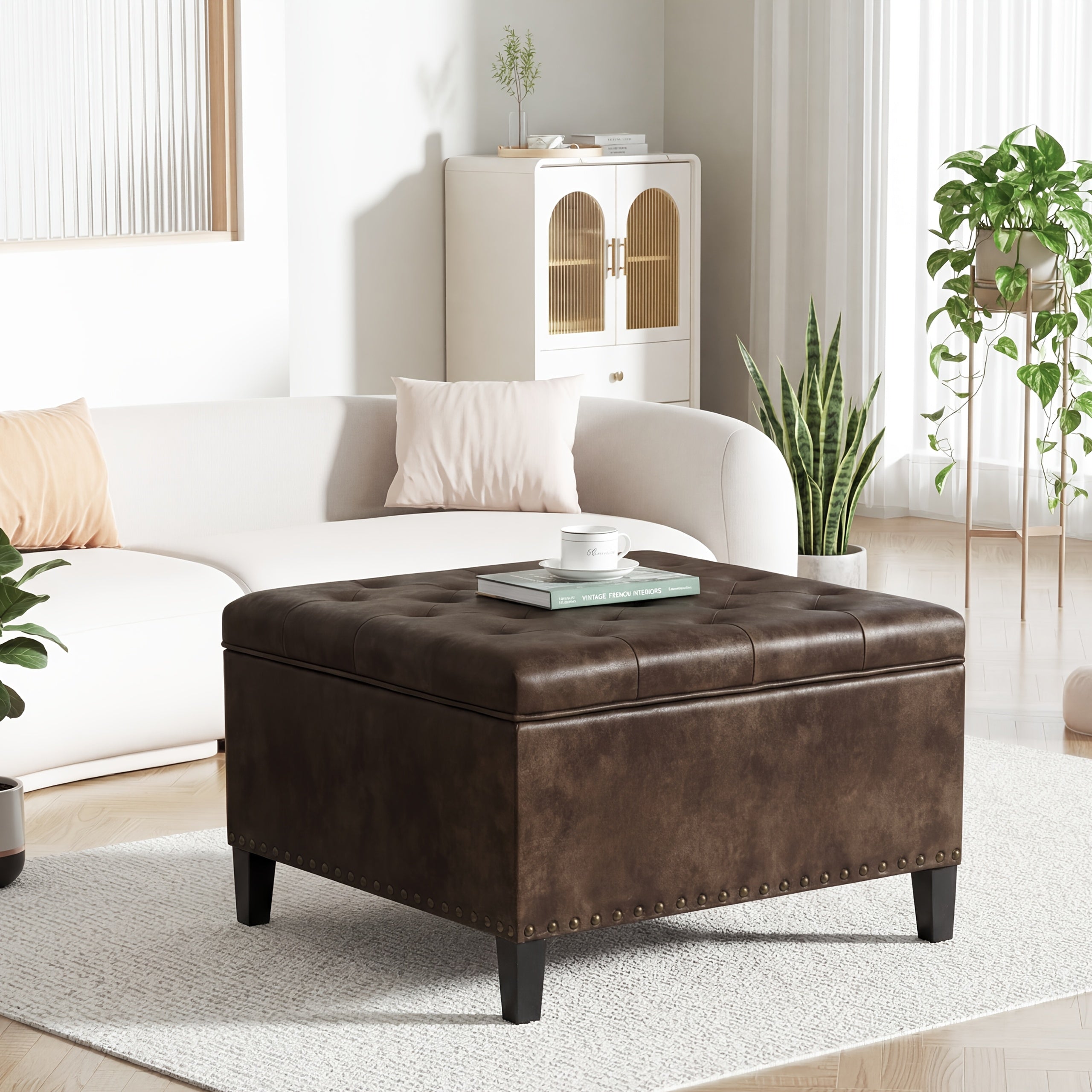 Storage Square Ottoman with Faux Leather Upholstery Bench with Rivet Footrest Coffee Table with Wood Legs for Living Room Bedroom and Entryway