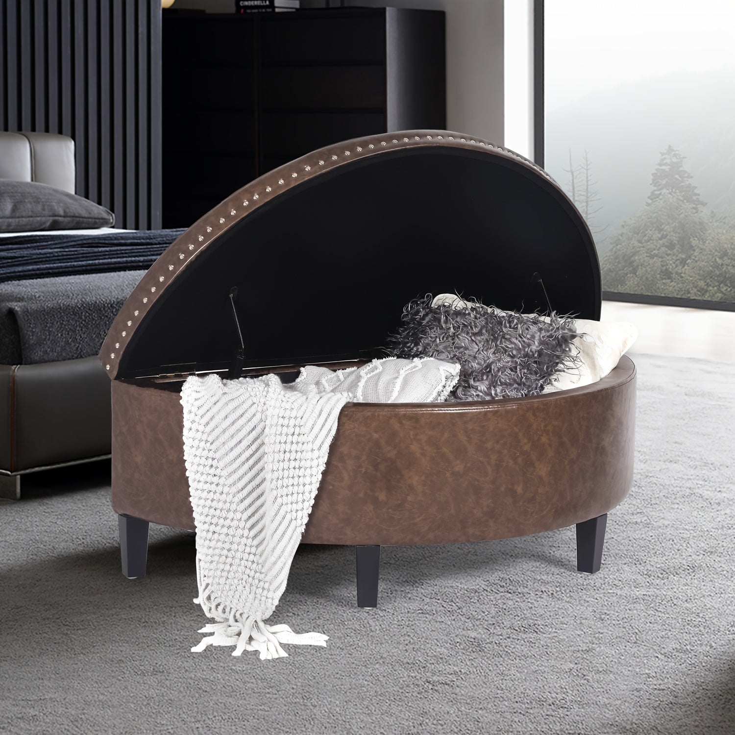 Storage Ottoman Bench, PU Leather Half Moon Button Tufted Ottoman With Rivet, Coffee Table For Living Room Bedroom Entryway
