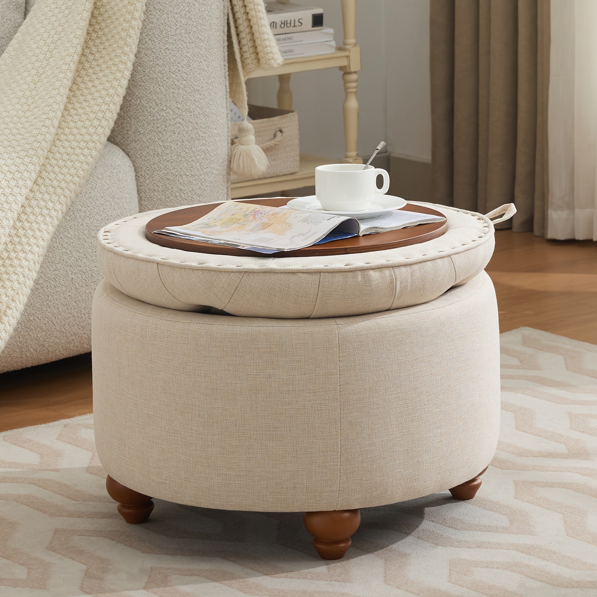 30-Inch Round Storage Ottoman Featuring a Tray, Modern Tufted Fabric Design, Serves As a Coffee Table with Storage, Upholstered with a Removable Top Suitable for Living Rooms And Bedrooms