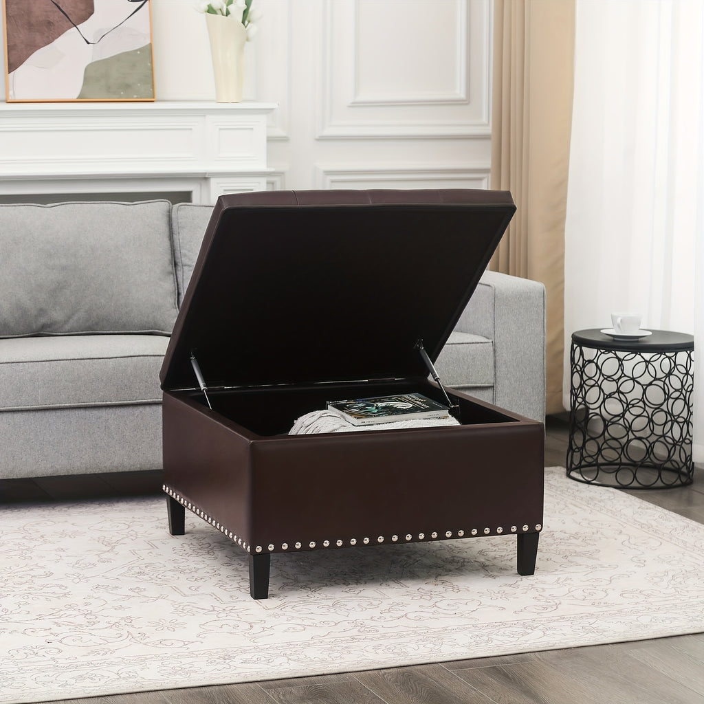 Storage Square Ottoman with Faux Leather Upholstery Bench with Rivet Footrest Coffee Table with Wood Legs for Living Room Bedroom and Entryway
