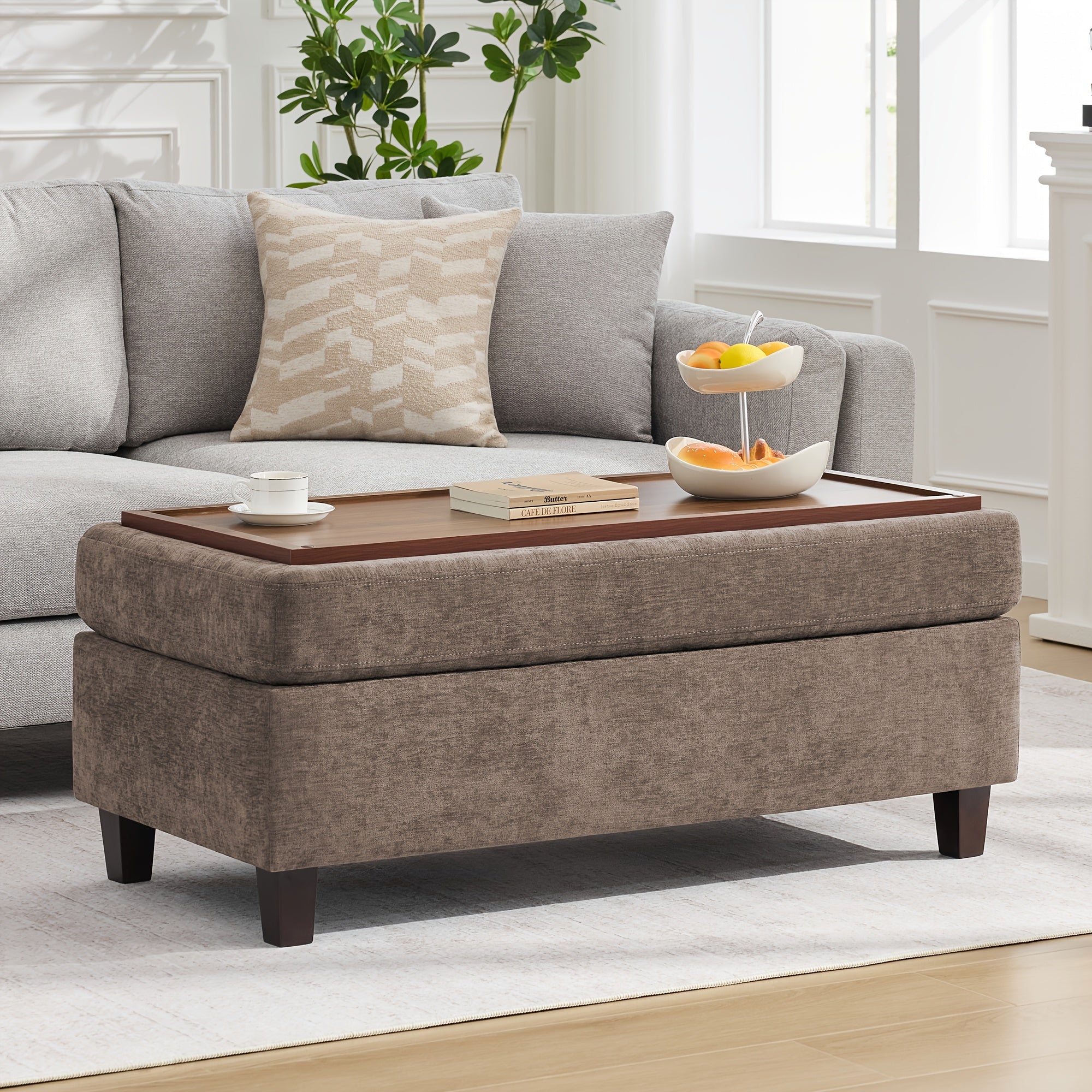45 Inch Large Multifunctional Storage Ottoman Bench with Coffee Table Top & Chenille Upholstery - Solid Legs, Suitable for Living Room, Bedroom, Entryway Furniture - Footrest, Stool, Bench with Hidden Storage Compartment