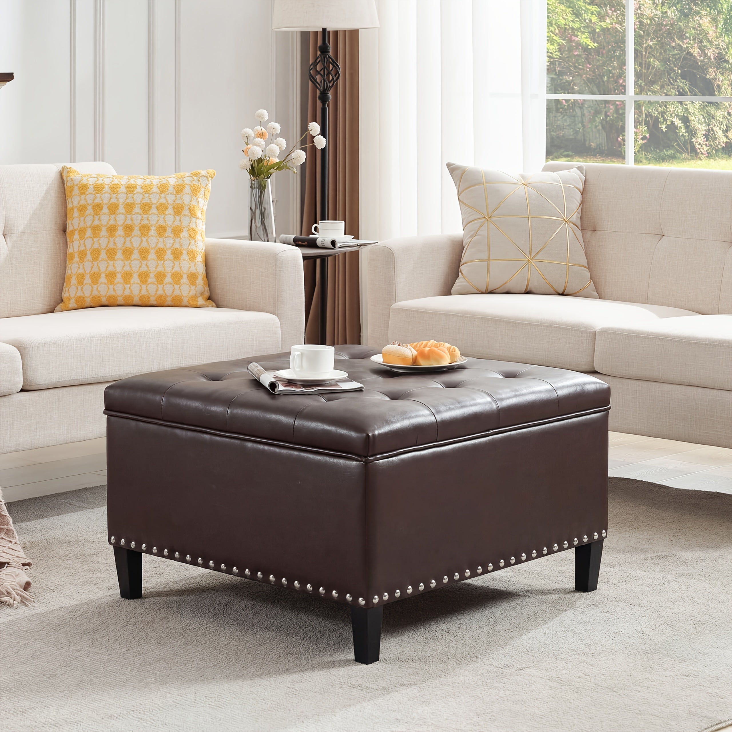 Storage Square Ottoman with Faux Leather Upholstery Bench with Rivet Footrest Coffee Table with Wood Legs for Living Room Bedroom and Entryway