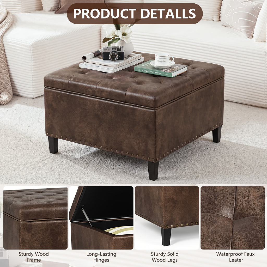 Storage Square Ottoman with Faux Leather Upholstery Bench with Rivet Footrest Coffee Table with Wood Legs for Living Room Bedroom and Entryway