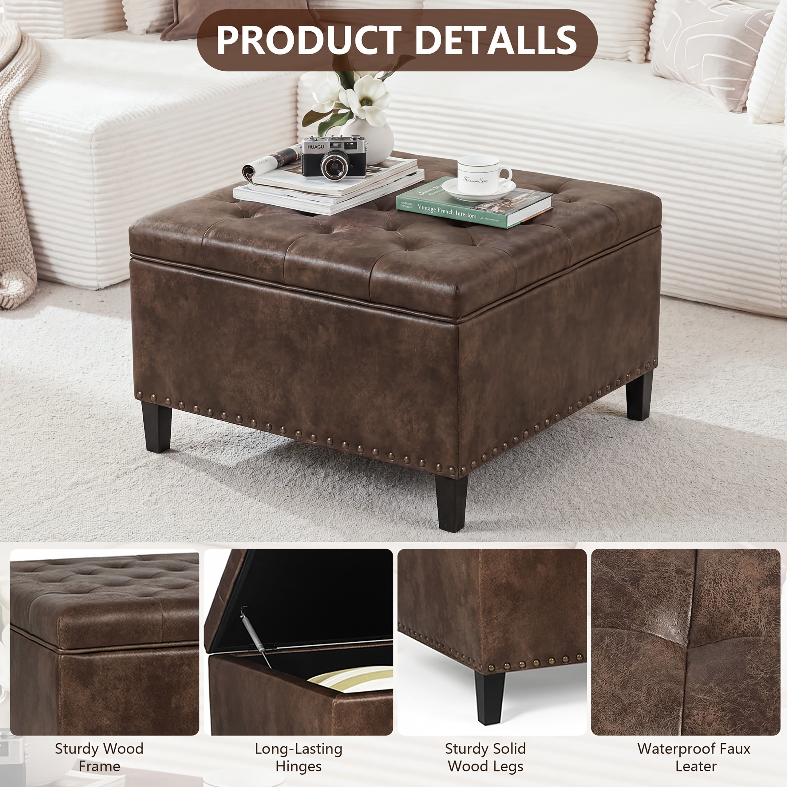 Storage Square Ottoman with Faux Leather Upholstery Bench with Rivet Footrest Coffee Table with Wood Legs for Living Room Bedroom and Entryway
