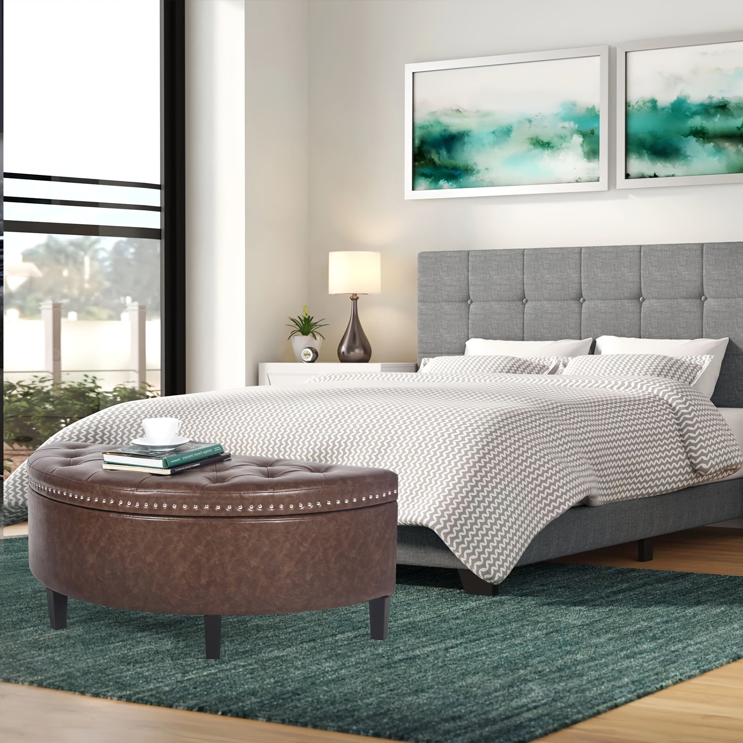 Storage Ottoman Bench, PU Leather Half Moon Button Tufted Ottoman With Rivet, Coffee Table For Living Room Bedroom Entryway