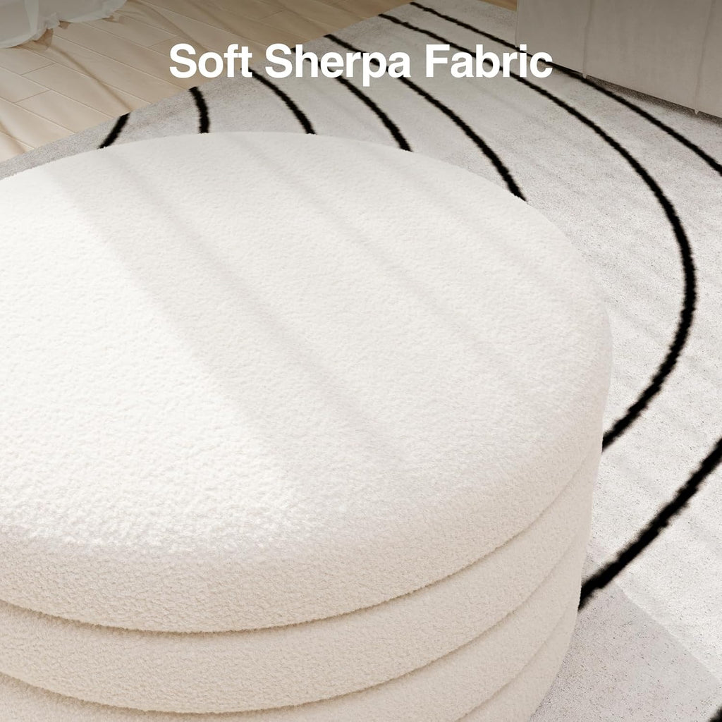 30 Inch Round Ottoman Coffee Table with Storage | Large Sherpa Storage Coffee Table Ottoman with Tray, Multi-Functional Cozy Modern Foot Rest for Couch, Living Room, Cream White, HOSEOKA