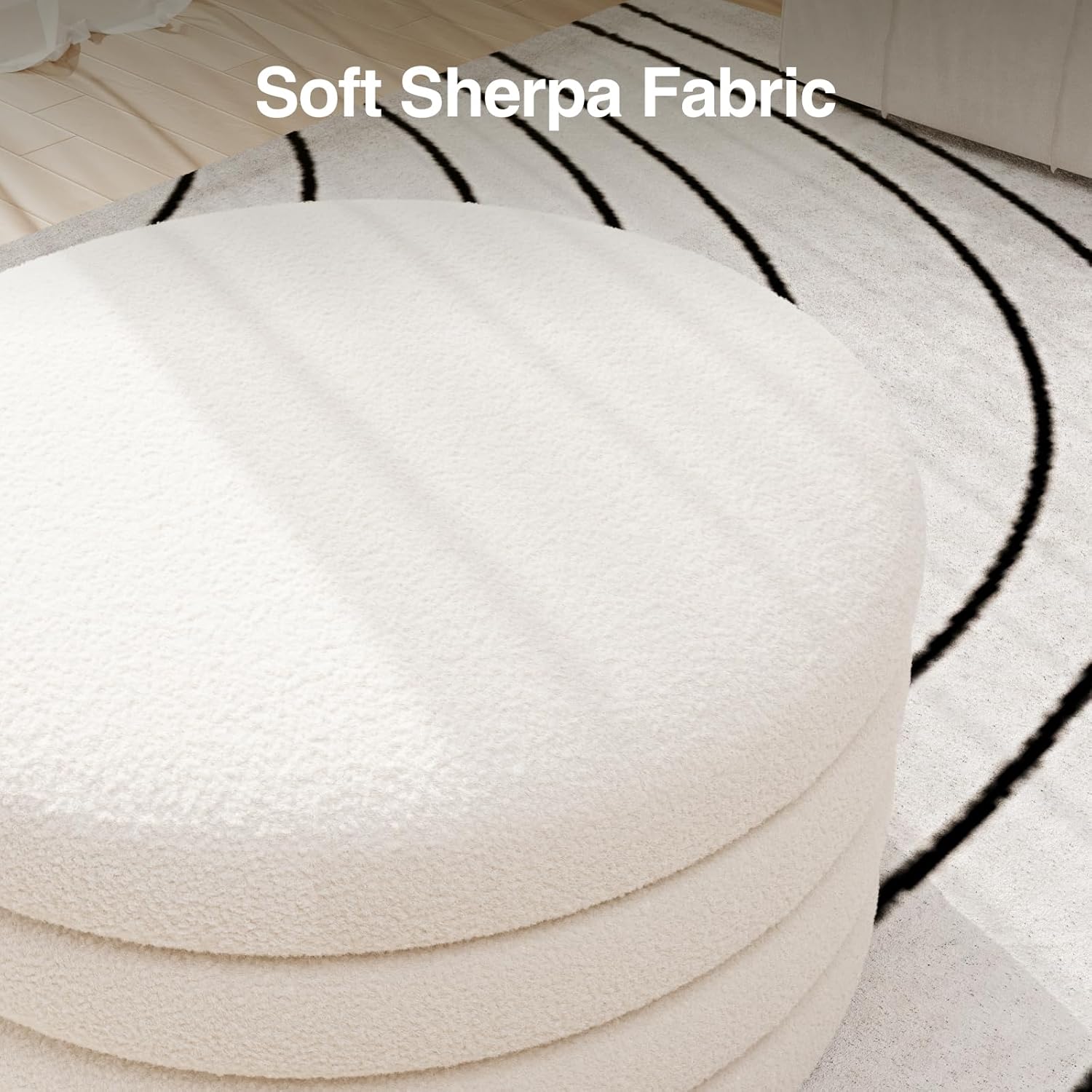 30 Inch Round Ottoman Coffee Table with Storage | Large Sherpa Storage Coffee Table Ottoman with Tray, Multi-Functional Cozy Modern Foot Rest for Couch, Living Room, Cream White, HOSEOKA